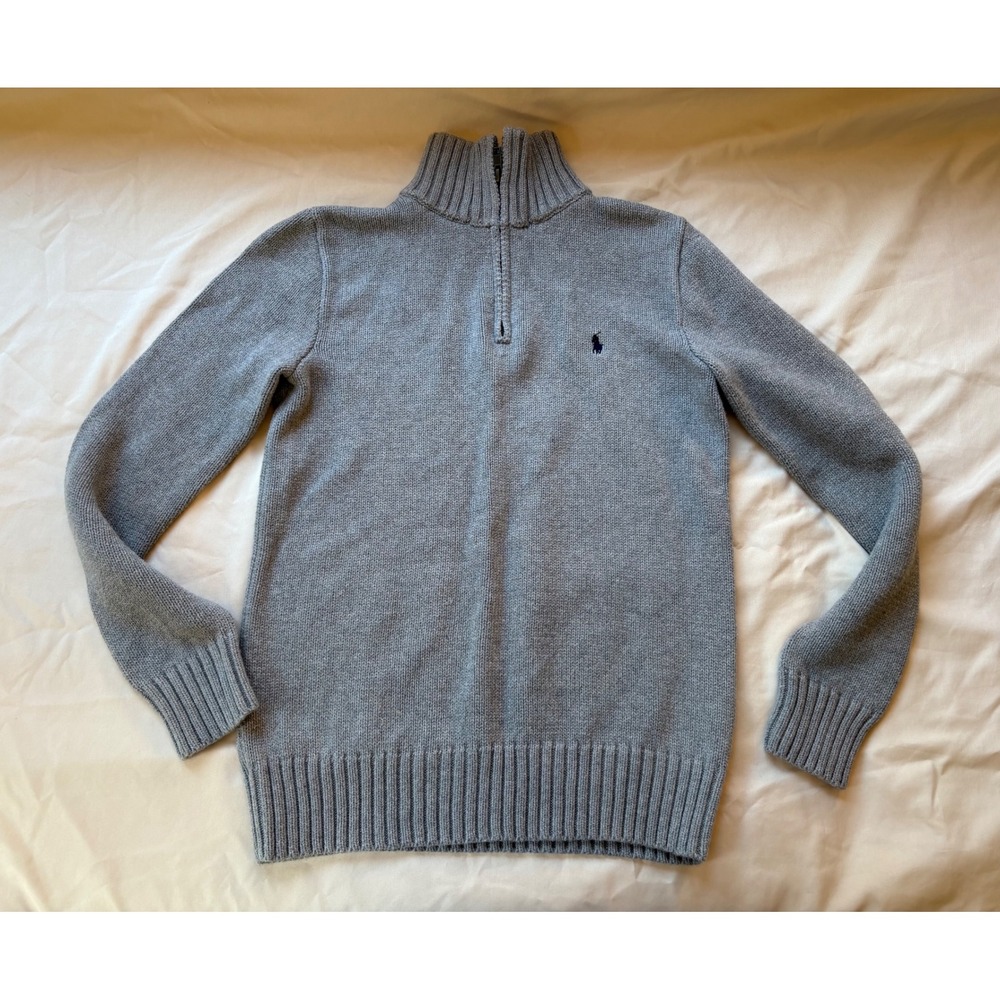 Polo Ralph Lauren Boys Heather Gray Quarter Zip Cotton Knit Sweater L 14-16